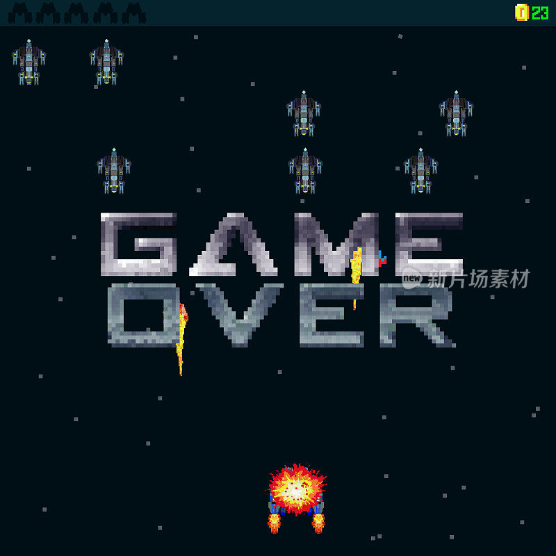 game over. Pixel art 8-bit game design. Pixel art for game design. Loss of the participants in the game. Vector